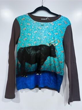 Anya Hindmarch Teal Floral Bull-Print Long Sleeve Top with Brown Sleeves